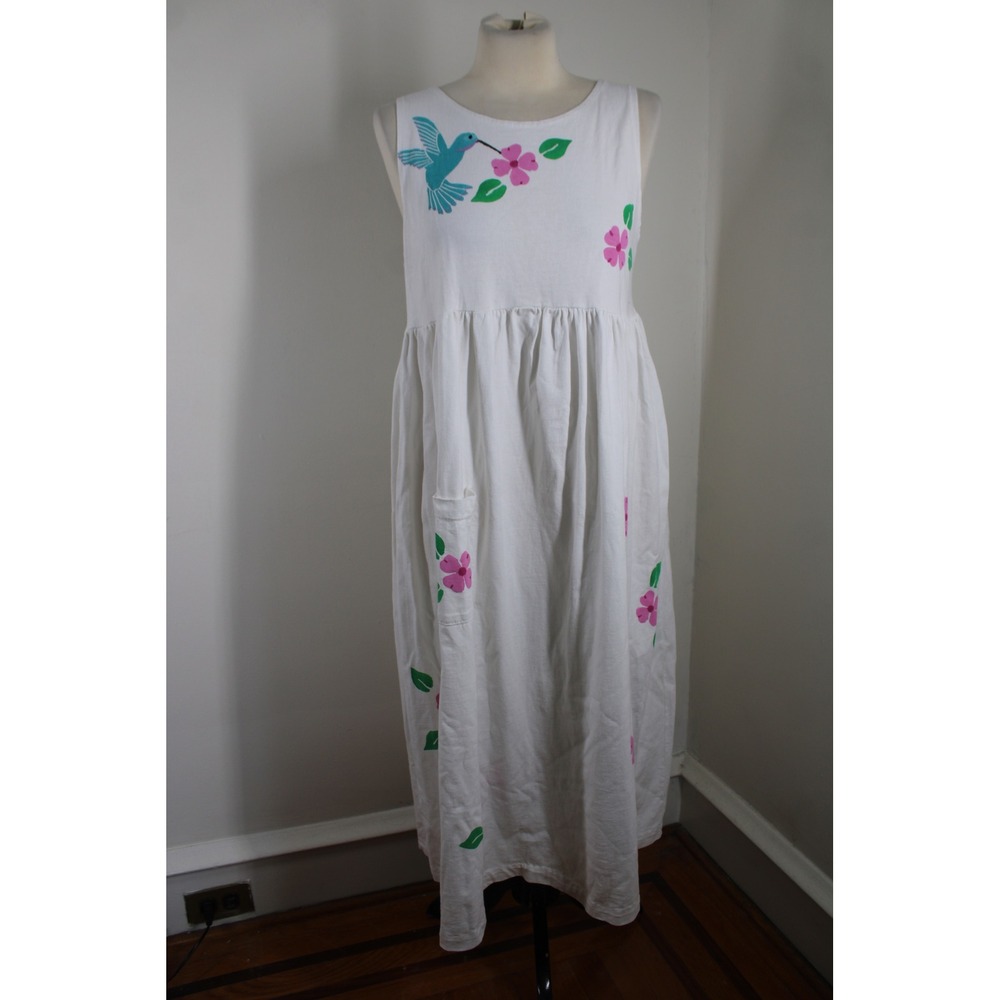 Vtg Juli M White Cotton Jersey Tank Maxi Dress Hummingbird Floral Pocket